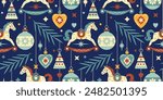 Retro Christmas and New Year seamless background, wrapping paper. Vintage pattern with Christmas decorations and rocking horse. Vector wallpaper.