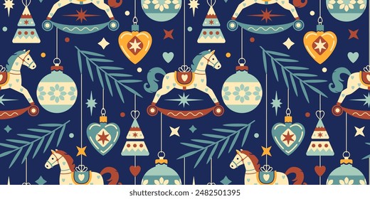 Retro Christmas and New Year seamless background, wrapping paper. Vintage pattern with Christmas decorations and rocking horse. Vector wallpaper.