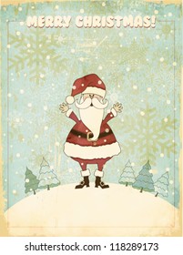 Retro Christmas and New Years Greeting Card - Santa Clause wishing you a merry Christmas against snowy, vintage backdrop