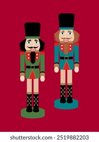 Retro Christmas Nutcracker pair on red Vector Print