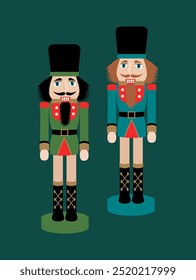 Retro Christmas Nutcrackers emerald green Vector Print. Cute Nutcrackers Art Print on green background suitable for Prints, Posters, Canvas Prints, Postcards, Greeting Cards.