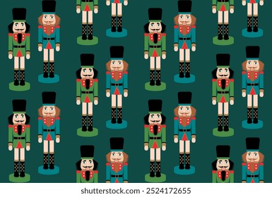 Retro Christmas nutcrackers pair emerald green Vector Pattern. Traditional Christmas holiday nutcrackers seamless pattern.