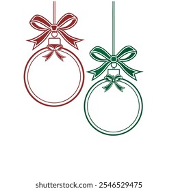 Retro Christmas Ornament Frame. A clip art illustration featuring 2 hanging retro Christmas ornaments in red and green for use as frames, logos, or borders isolated on white