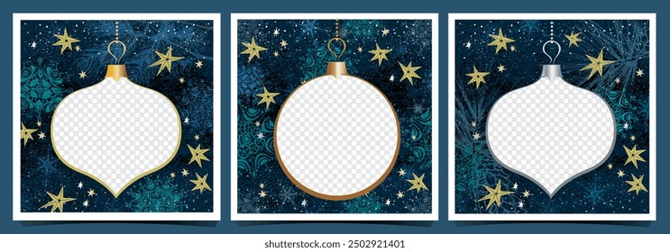 Retro Christmas Ornament Frames for Photos with Mid-Century Modern Snowflakes. vintage Tree Decoration