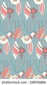 Retro Christmas Ornament seamless pattern on blue background. Pastel Red, Brown, Gold & White vector backdrop. Christmas themed design. Hand drawn vintage illustration. Winter background.