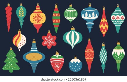 Retro Christmas ornaments and baubles. Christmas balls and decorations of different shapes and sizes with patterns. Vintage decorations for the Christmas tree. Dark background.