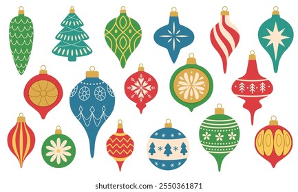 Retro Christmas ornaments and baubles. Christmas balls and decorations of different shapes and sizes with patterns. Vintage decorations for the Christmas tree. White background.