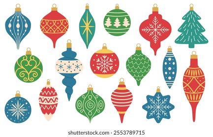 Retro Christmas ornaments and baubles. Christmas balls and decorations of different shapes and sizes with patterns. Vintage decorations for the Christmas tree. White background.