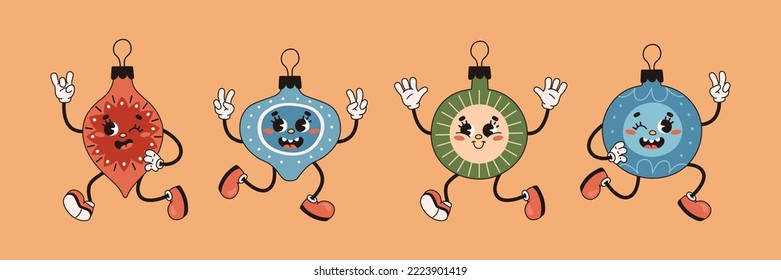 Retro Christmas ornaments with happy smiling face isolated on orange background. Peace, Rock symbol, hand gesture. Groovy vintage Christmas vector illustration. Old toys. Trendy cartoon style.