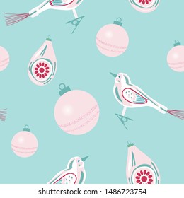 Retro Christmas ornaments seamless pattern in pink, powder blue, red, white.  Perfect for gift wrapping paper, tree skirts and holiday cards. Vintage glass decorations including clip on bird. Vector.