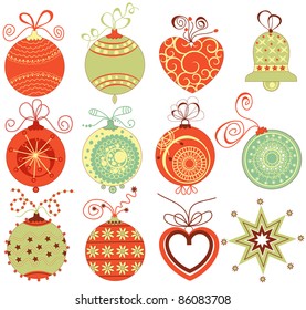 Retro Christmas ornaments set in traditional colors