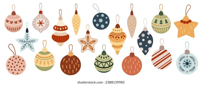 Retro Christmas ornaments, Vintage tree decorations, Christmas tree toys clipart in flat style. 