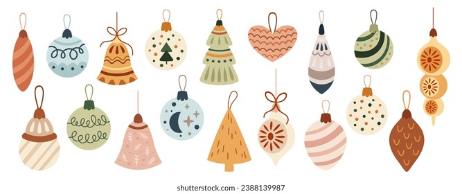 Retro Christmas ornaments, Vintage tree decorations, Christmas tree toys clipart in flat style. 