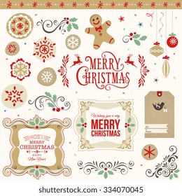 Retro Christmas Ornate Elements, Frames and Snowflakes.