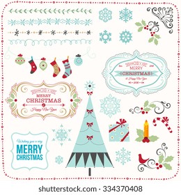 Retro Christmas Ornate Elements, Frames and Snowflakes.