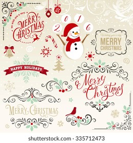 Retro Christmas Ornate Elements with Frames, Scrolls, Christmas balls, Snowman, Jingle Bell and Snowflakes.