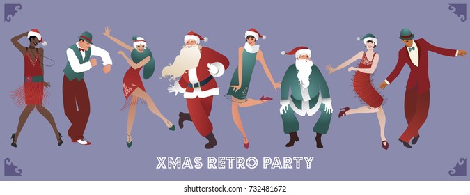 Retro Christmas party. Group of four men and four girls wearing Santa Claus costumes and clothes of the 1920s, dancing charleston