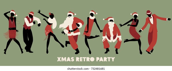 Retro Christmas party. Group of four men and four girls wearing Santa Claus costumes and clothes of the 1920s, dancing charleston