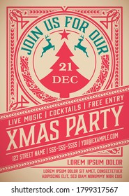 Retro Christmas party invitation. Holidays flyer or poster design. Vector Layered.