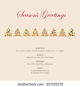 Retro Christmas party invitation. Season's Greetings. Patterned Christmas trees.