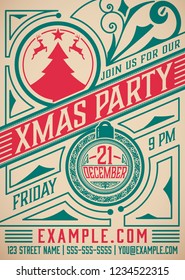 Retro Christmas party poster. Holidays flyer design. Vector illustration.