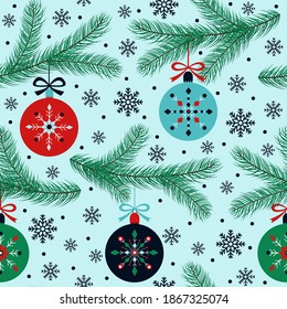 retro christmas pattern with balls, fir branches and snowflakes 