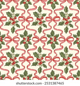 Retro Christmas pattern with holly berries, decorative bows. Nostalgic winter seamless vector design with traditional blend of festive elements, perfect for holiday gift wrap, textiles, prints.