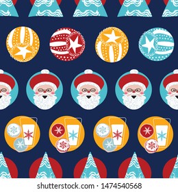 Retro Christmas pattern with Santa Claus heads and text. For wrapping paper, cards, invitations, fabric print. Seamless vector background.