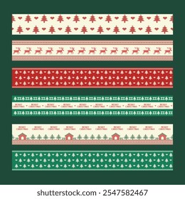 Retro Christmas patterns set in red, green, and white. Perfect for wrapping paper, ribbons, paper chains, and festive decorations. Seamless vector designs with vintage holiday charm.