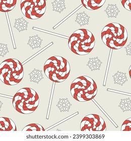 Retro Christmas peppermint candy round swirl lollypop vector seamless pattern. Xmas holiday festive season treats sweets snacks food background.