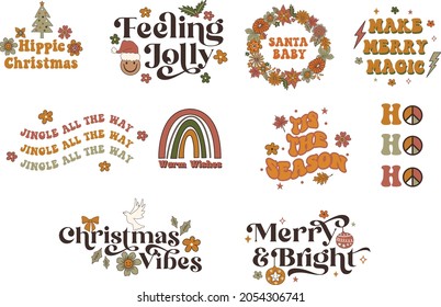 Retro Christmas quotes with hand drawn cute illustrations. 70s style Holiday graphics for T-shirts, mugs, greeting cards etc.