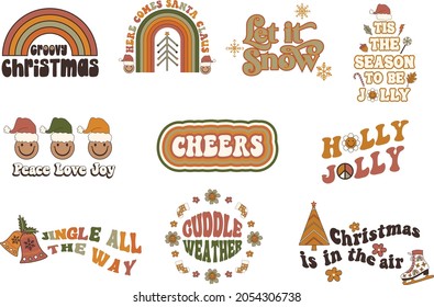 Retro Christmas quotes set with hand drawn cute illustrations. Holiday graphics for T-shirts, mugs, greeting cards etc.