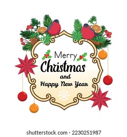 Retro christmas round frame of curls and monograms with Christmas tree branches, toys, gifts, bullfinches. Decoration for christmas. Christmas tree wreath with red stars.