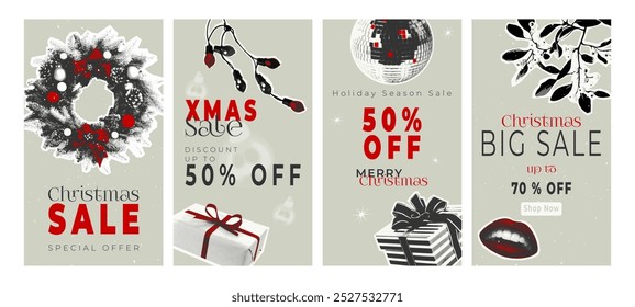 Retro Christmas sale vector social media templates. Perfect for holiday promotions and marketing. Vintage style with red, black and grey color scheme, grunge texture and halftone effect.