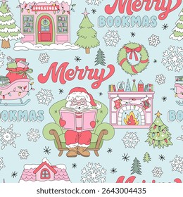 Retro Christmas with Santa Reading, Bookstore, Fireplace, Sleigh Full of Gifts vector Seamless Pattern with Merry Chirstmas wordplay. Great for festive gift wrap, holiday-themed fabric, winter