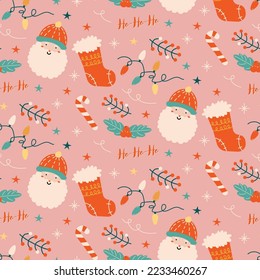 Retro Christmas Santa Seamless Background, pattern for scrapbooking, wall paper, wrapping paper, stationery, fabric, sewing projects. 