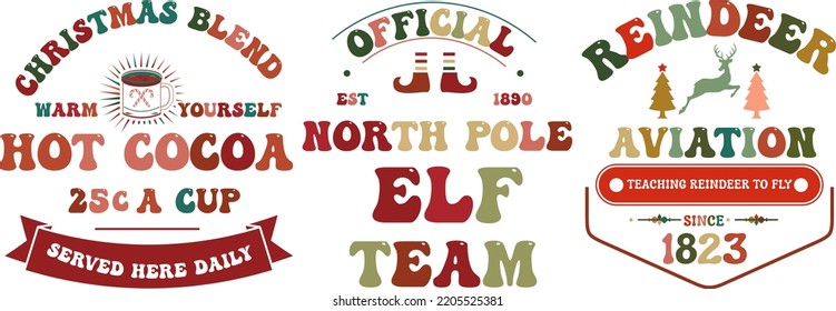 Retro Christmas saying bundle for Card, greeting, design, T shirt print,  postcard wish, poster, banner isolated on white background. winter cozy themed colorful text vector illustration  