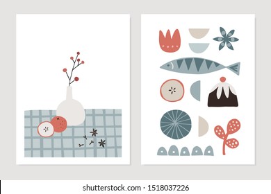 Retro Christmas Scandinavian greeting cards, invitations set. Abstract geometric food objects, icons. Checkered plaid, vase with holly berries, apples, fish, spice and pudding. Winter design, vector.