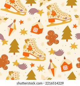 Retro Christmas seamless pattern in 70s style. Perfect for kids wallpaper, gift paper, pattern fills, web page background, greeting cards.