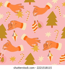 Retro Christmas seamless pattern in 70s style. Perfect for kids wallpaper, gift paper, pattern fills, web page background, greeting cards.