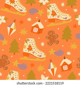 Retro Christmas seamless pattern in 70s style. Perfect for kids wallpaper, gift paper, pattern fills, web page background, greeting cards.
