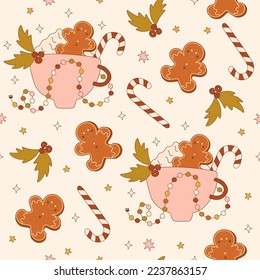 Retro Christmas seamless pattern in 70s style. Perfect for kids wallpaper, gift paper, pattern fills, web page background, greeting cards.