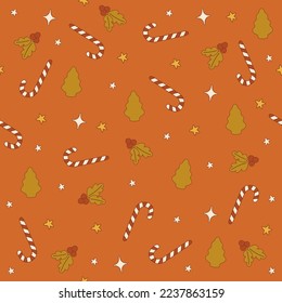 Retro Christmas seamless pattern in 70s style. Perfect for kids wallpaper, gift paper, pattern fills, web page background, greeting cards.