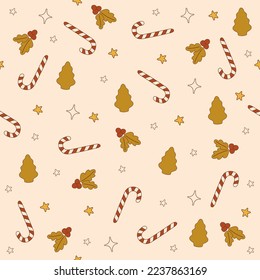 Retro Christmas seamless pattern in 70s style. Perfect for kids wallpaper, gift paper, pattern fills, web page background, greeting cards.