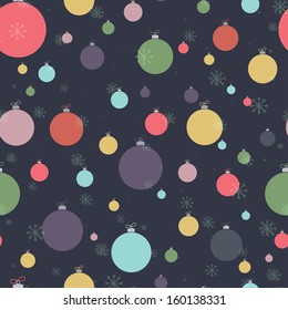Retro Christmas seamless pattern with colorful xmas baubles and snow flakes.