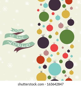 Retro Christmas seamless pattern with colorful xmas baubles, snowflakes and ribbon banner for the text.