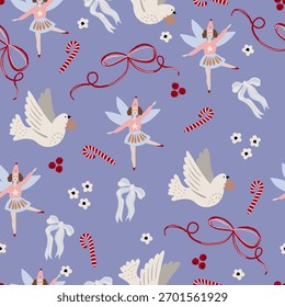 Retro Christmas seamless pattern. Cozy winter holiday wallpaper, New Year print. Retro Santa, Christmas tree, bows, birds, angels. Vector background textile design