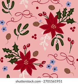 Retro Christmas seamless pattern. Cozy winter holiday wallpaper, New Year print. Christmas tree, bows, poinsettia, florals. Vector background textile design
