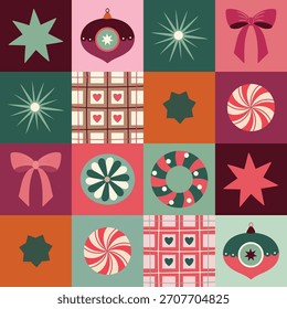 Patrón inconsútil de las Navidades retro con los ornamentos festivos, diseño plano, iconos de Festiva dispuestos en un fondo geométrico colorido de la cuadrícula