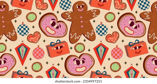 Patrón retro de Navidad sin costura. Estatua de navidad groovía con cara. Gracioso personaje de Navidad para el diseño de historietas. Rara mascota. Ilustración vectorial de dibujos animados retro